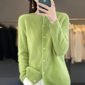 Luxury Women's Hollow Wave Pattern Pure Wool Cardigan Sweater