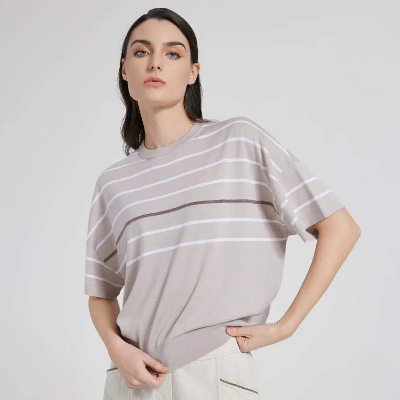 Luxury Striped Women's Silk-Merino Blend Knit Sweater for Summer Comfort - Image 4
