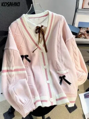 Sweet Bow V-Neck Women's Knitted Cardigan with Contrast Colors