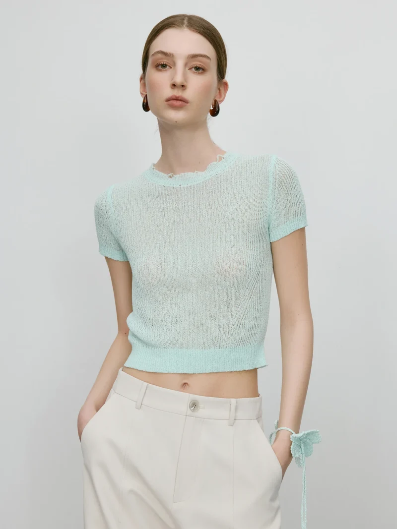 Elegant O-Neck Women's Blended Knit Short-Sleeve Sweater Top for Office - Image 3