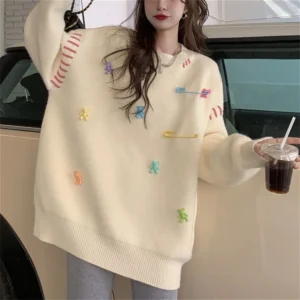 Cute Bear Embroidery Women's Loose Knit Sweater for Autumn & Winter
