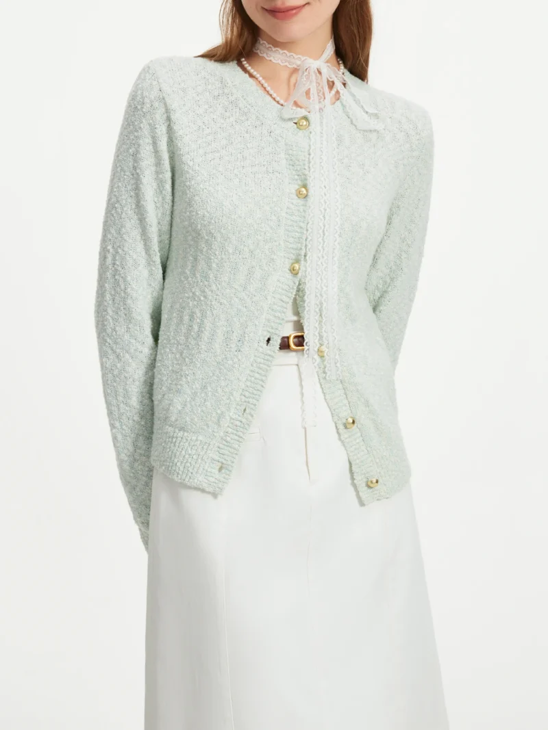 Elegant French Style Women's Knitted Floral Cardigan with Round Neck - Image 3