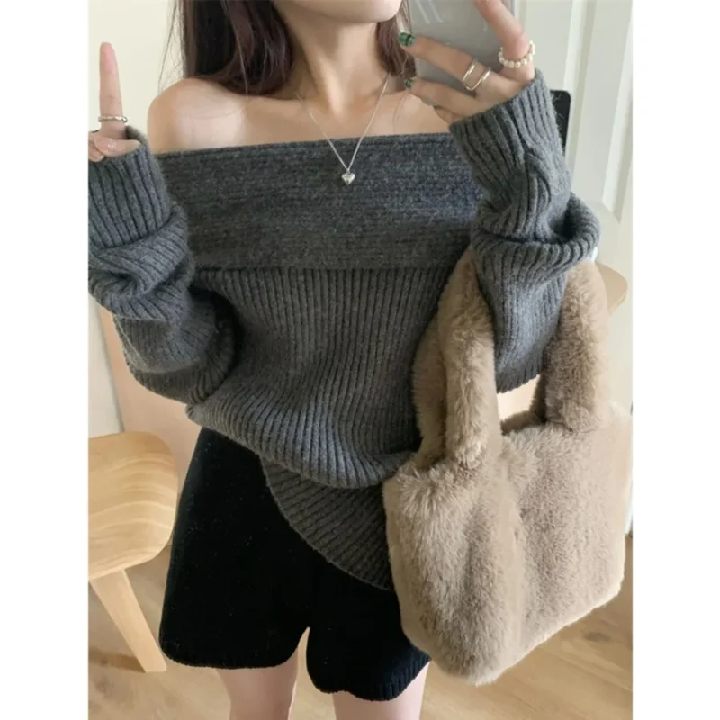Elegant Off-Shoulder Women's Slim Fit Sweater with Collarbone-Enhancing Neckline - Image 2