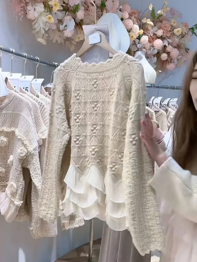 Elegant Women's 3D Flower Knit Pullover with Ruffle Detail - Image 3