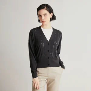 Luxury V-Neck Women's Wool-Silk Cardigan Sweater with Sequin Beading