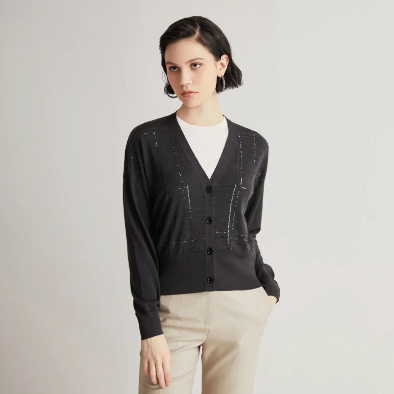 Luxury V-Neck Women's Wool-Silk Cardigan Sweater with Sequin Beading