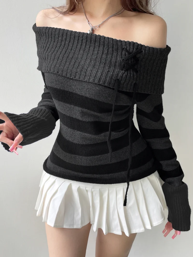 Slim Fit Women's Off-Shoulder Striped Knit Sweater with Lace-Up Detail - Image 3