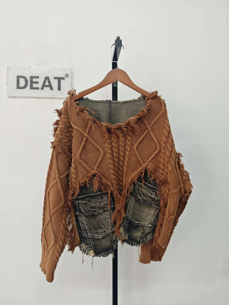 Distressed Denim Women's Loose Fit Patchwork Sweater with Vintage Washed Detail - Image 8