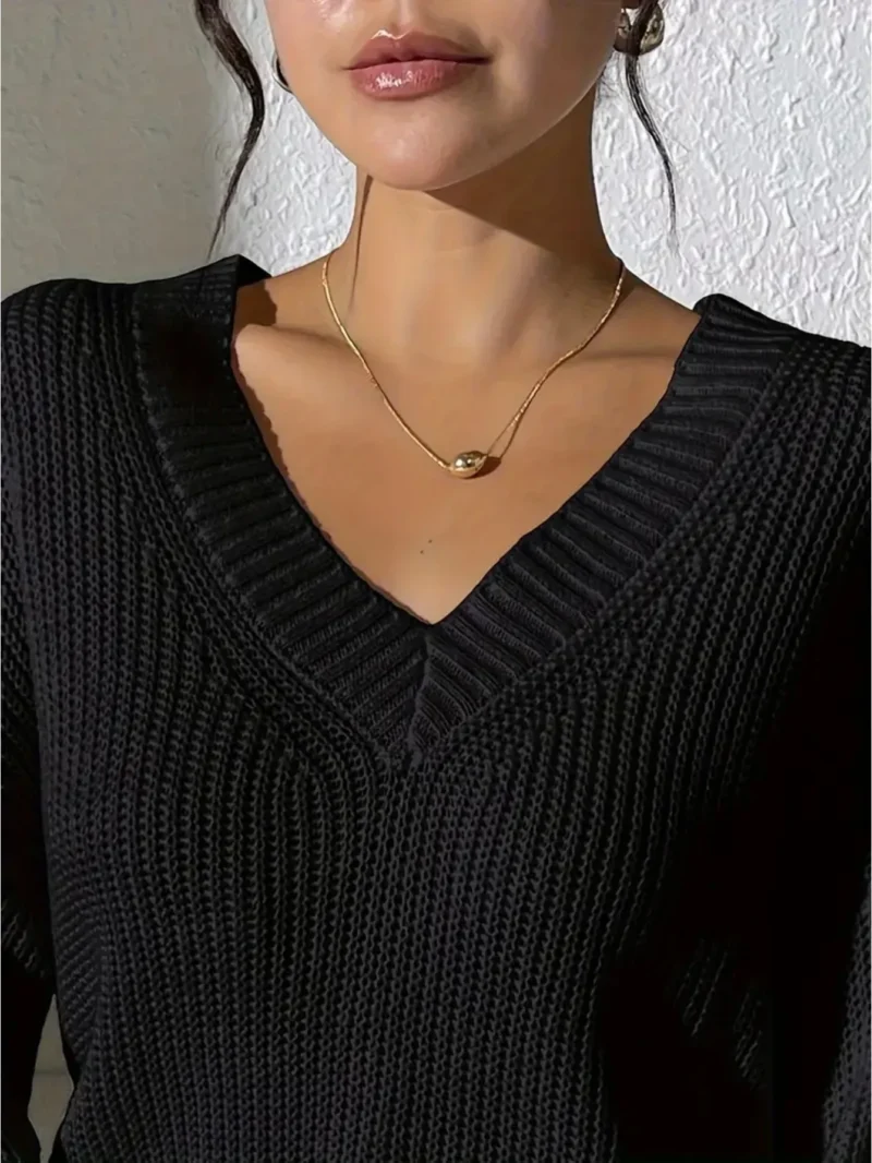 Embroidered Floral Women's V-Neck Loose Acrylic Sweater with Decorative Cuffs - Image 5