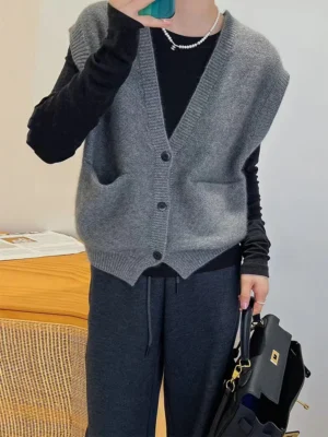 Classic V-Neck Women's Knitted Cardigan Vest with Convenient Pockets