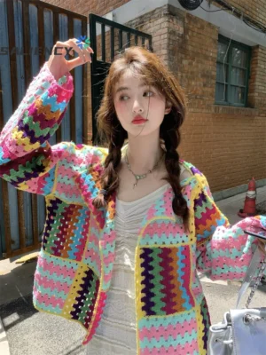 Colorful Crochet Knit Women's V-Neck Open Front Cardigan with Hollow Pattern