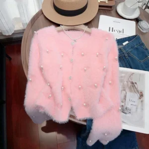 Elegant Pearl-Embellished Women's Knit Cardigan Sweater with Lantern Sleeves