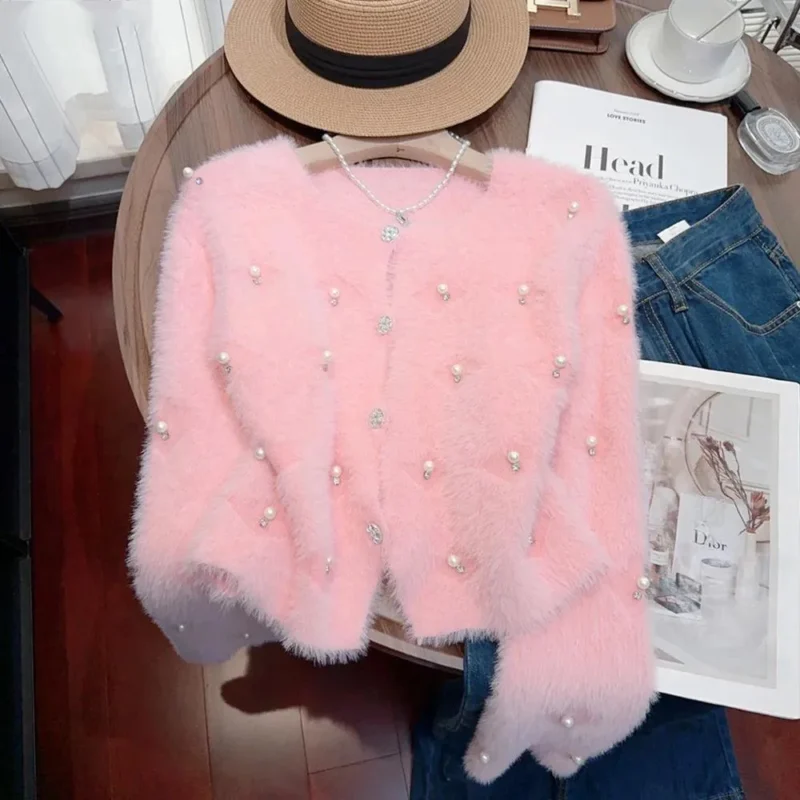 Elegant Pearl-Embellished Women's Knit Cardigan Sweater with Lantern Sleeves