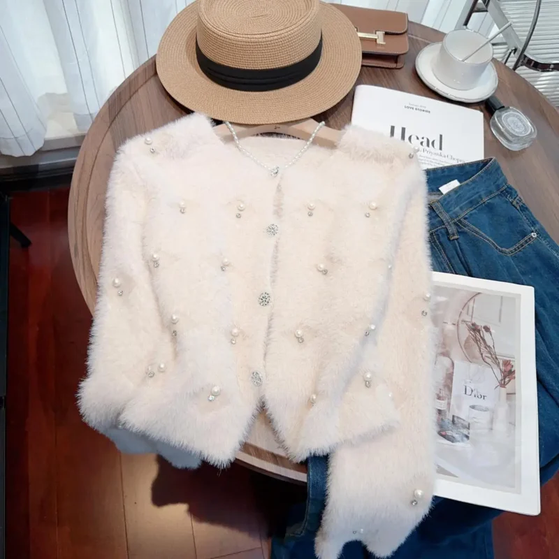 Elegant Pearl-Embellished Women's Knit Cardigan Sweater with Lantern Sleeves - Image 10