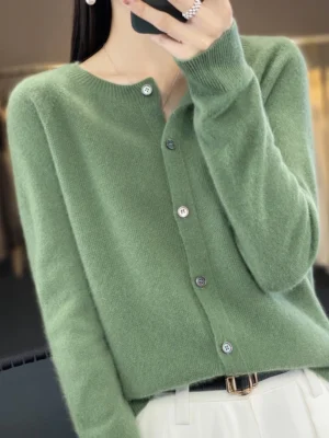 Classic Women's 100% Merino Wool Cardigan Sweater with O-Neck Design