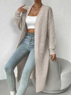Elegant V-Neck Women's Knitted Long Cardigan Sweater with Hollow Design