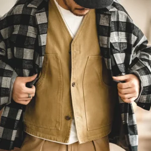 Vintage Men's 100% Cotton Utility Vest with Multiple Pockets for Outdoors