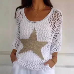 Star Pattern Mesh Sleeve Women's Knit Beach Cover-Up Hollow Crochet Top