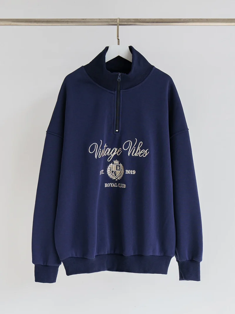 Vintage Embroidered Letter Pullover Women's Cotton-Blend Sweatshirt with Lapel Collar - Image 7