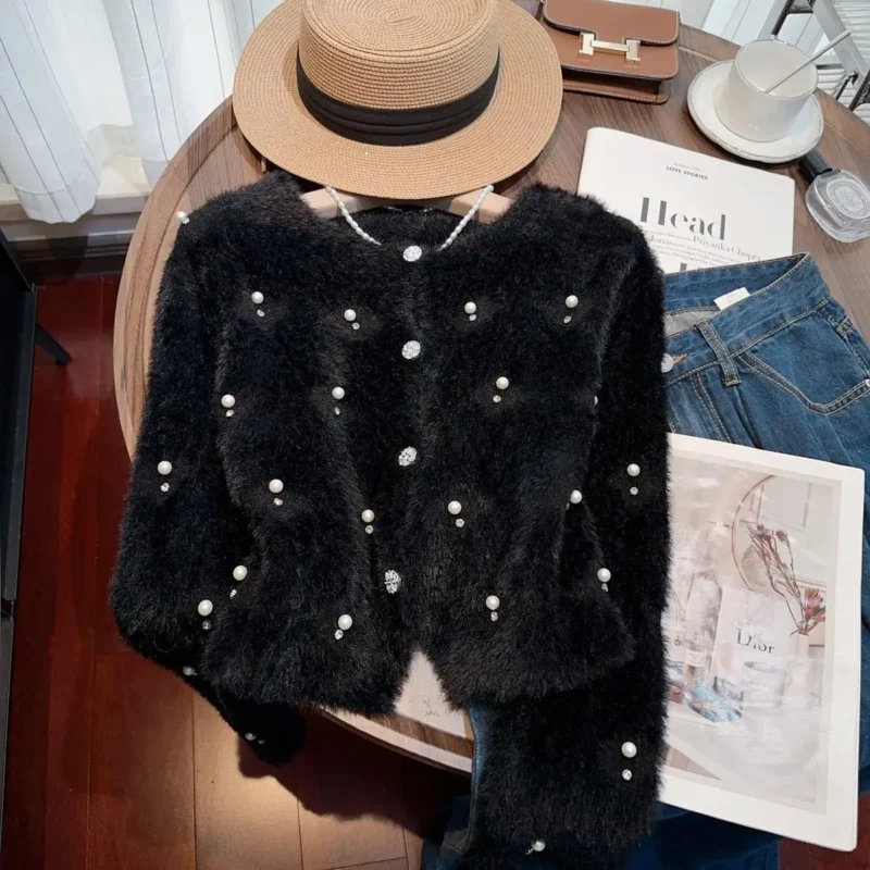 Elegant Pearl-Embellished Women's Knit Cardigan Sweater with Lantern Sleeves - Image 7