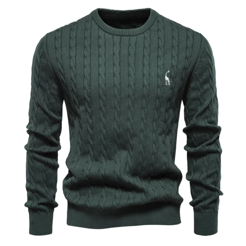 Classic Men's Cotton Giraffe Embroidery Pullover Sweater with Twist Pattern - Image 7