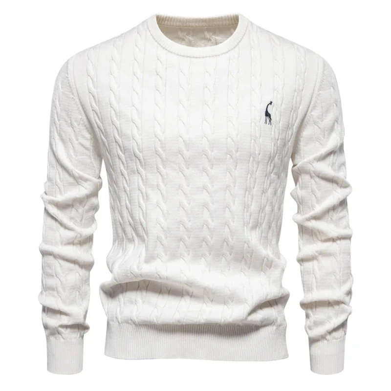 Classic Men's Cotton Giraffe Embroidery Pullover Sweater with Twist Pattern - Image 15