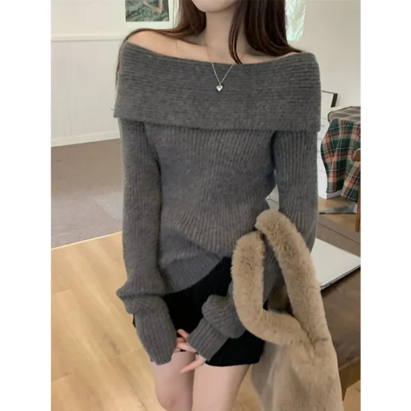 Elegant Off-Shoulder Women's Slim Fit Sweater with Collarbone-Enhancing Neckline - Image 4