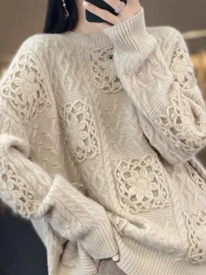 Y2K-Inspired Women's O-Neck 100% Wool Hollow Out Oversized Sweater
