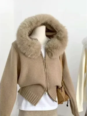 Vintage Hooded Women's Knit Cardigan with Faux Fur Collar