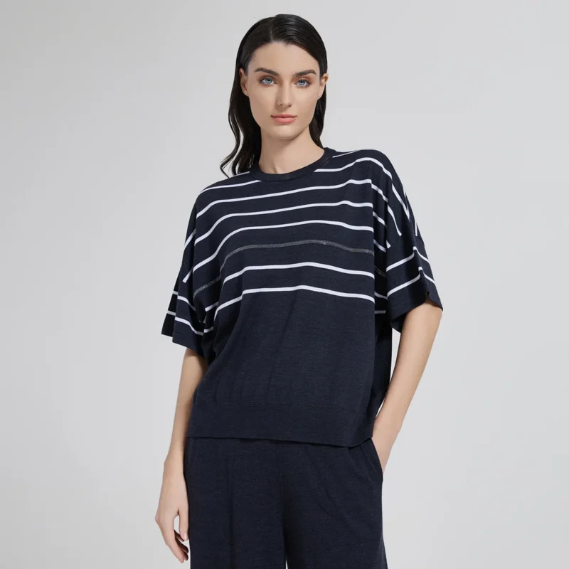 Luxury Striped Women's Silk-Merino Blend Knit Sweater for Summer Comfort