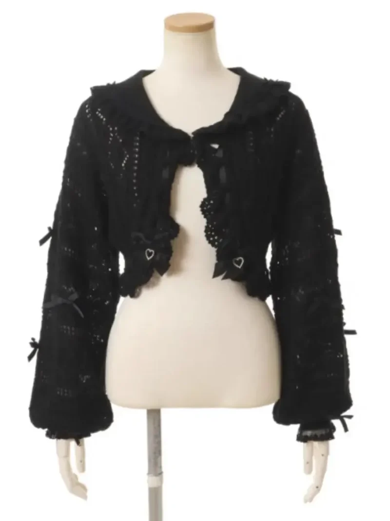 Sweet Sailor Collar Women's Knitted Cardigan Sweater with Lantern Sleeves - Image 9