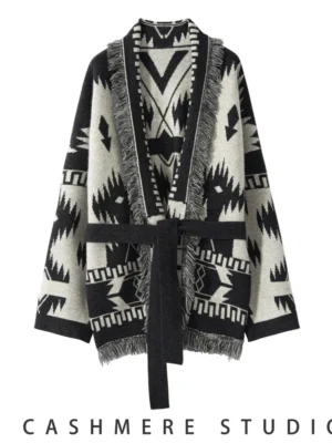 Vintage Tassel Women's 100% Pure Cashmere Jacquard Cardigan for Fall Winter