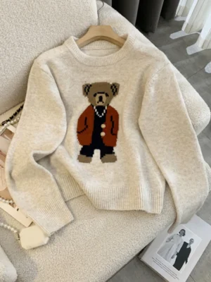 Playful Cartoon Bear Women's Cashmere Blend Pullover Sweater for Fall & Winter