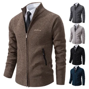 Classic Men's Thick Knit Stand-Collar Cardigan Sweater for Winter Comfort