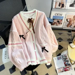 Sweet Bow V-Neck Women's Knitted Cardigan Sweater with Japanese Preppy Style