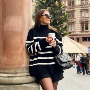 Striped Turtleneck Women's Knit Pullover Sweater for Winter Comfort