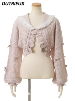 Sweet Sailor Collar Women's Knitted Cardigan Sweater with Lantern Sleeves