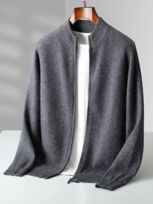 Premium Mock Neck Men's 100% Merino Wool Zippered Cardigan Sweater