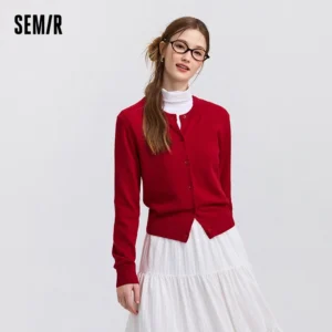 Elegant Short Red Cotton Cardigan Sweater with Round Neck