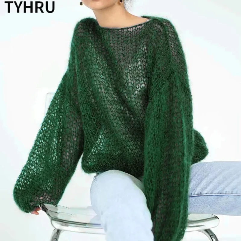 Elegant Women's Mesh Knit Pullover Sweater with Lantern Sleeves - Image 8