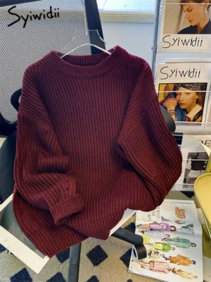 Oversized Women's Cotton Blend Knit Sweater with Elegant O-Neck Design