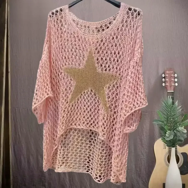 Star Pattern Mesh Sleeve Women's Knit Beach Cover-Up Hollow Crochet Top - Image 4