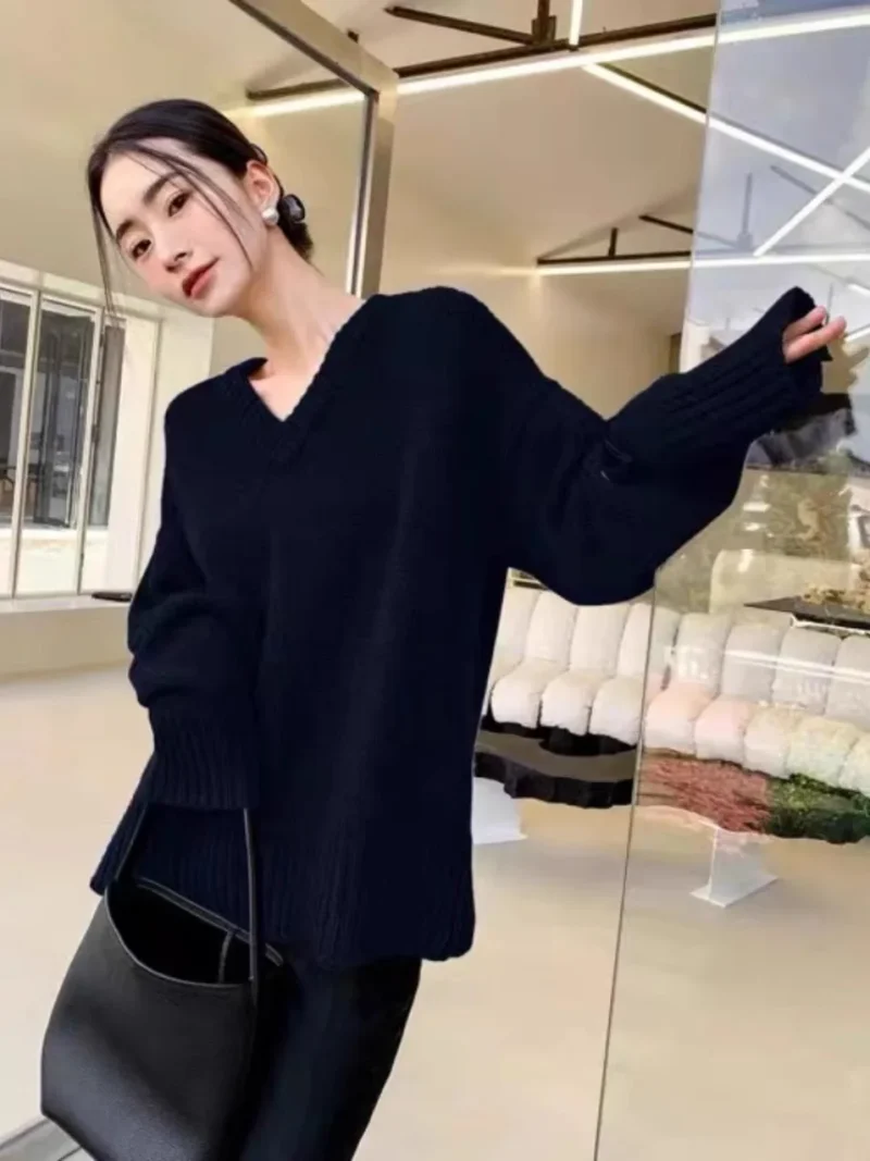 Luxury Oversized Women's 100% Pure Cashmere V-Neck Pullover Sweater - Image 3