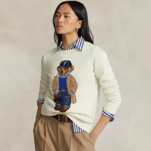 Classic Bear Jacquard Women's Cotton Knit Pullover Sweater for Autumn Winter