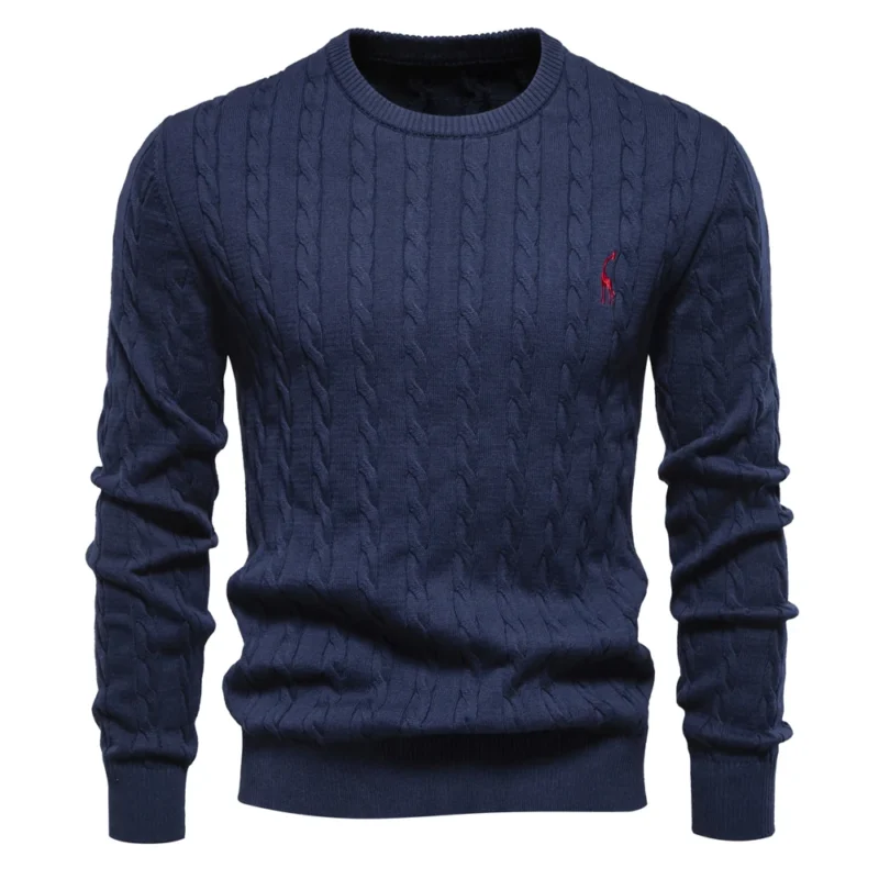 Classic Men's Cotton Giraffe Embroidery Pullover Sweater with Twist Pattern - Image 11