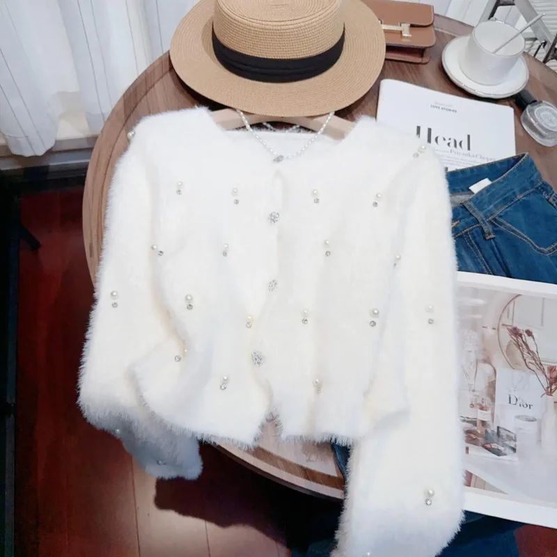 Elegant Pearl-Embellished Women's Knit Cardigan Sweater with Lantern Sleeves - Image 9