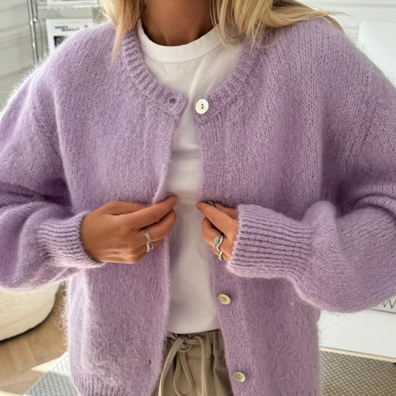 Luxurious Fuzzy Women's Button-Down Cardigan Sweater with Long Sleeves - Image 9