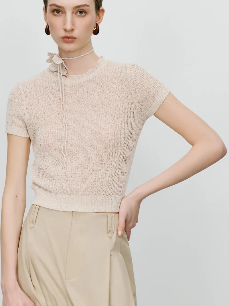 Elegant O-Neck Women's Blended Knit Short-Sleeve Sweater Top for Office - Image 2