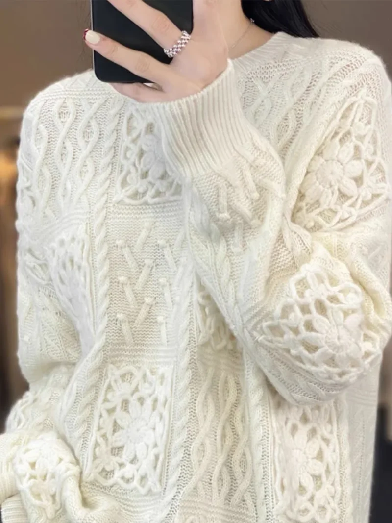 Y2K-Inspired Women's O-Neck 100% Wool Hollow Out Oversized Sweater - Image 6