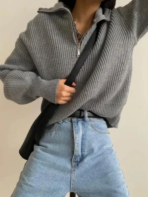 Oversized Thick Turtleneck Women's Sweater with Decorative Zippers for Winter Warmth